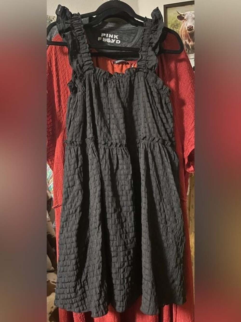 SHEIN Black Textured Ruffled Strap Tiered Midi Dress